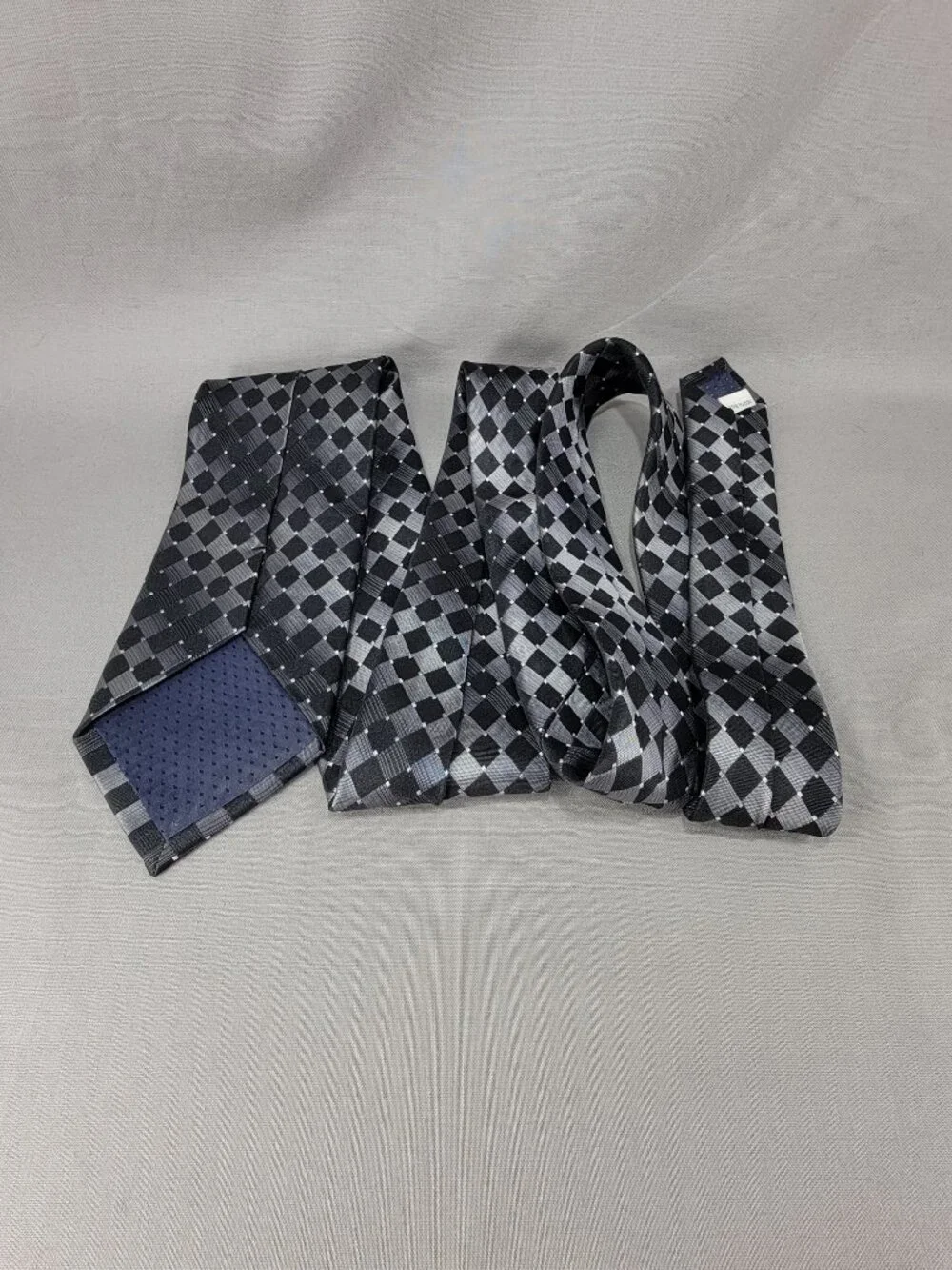 Pierre Cardin Silk Necktie Tie Mens Black Silver Geometric Square Diamond